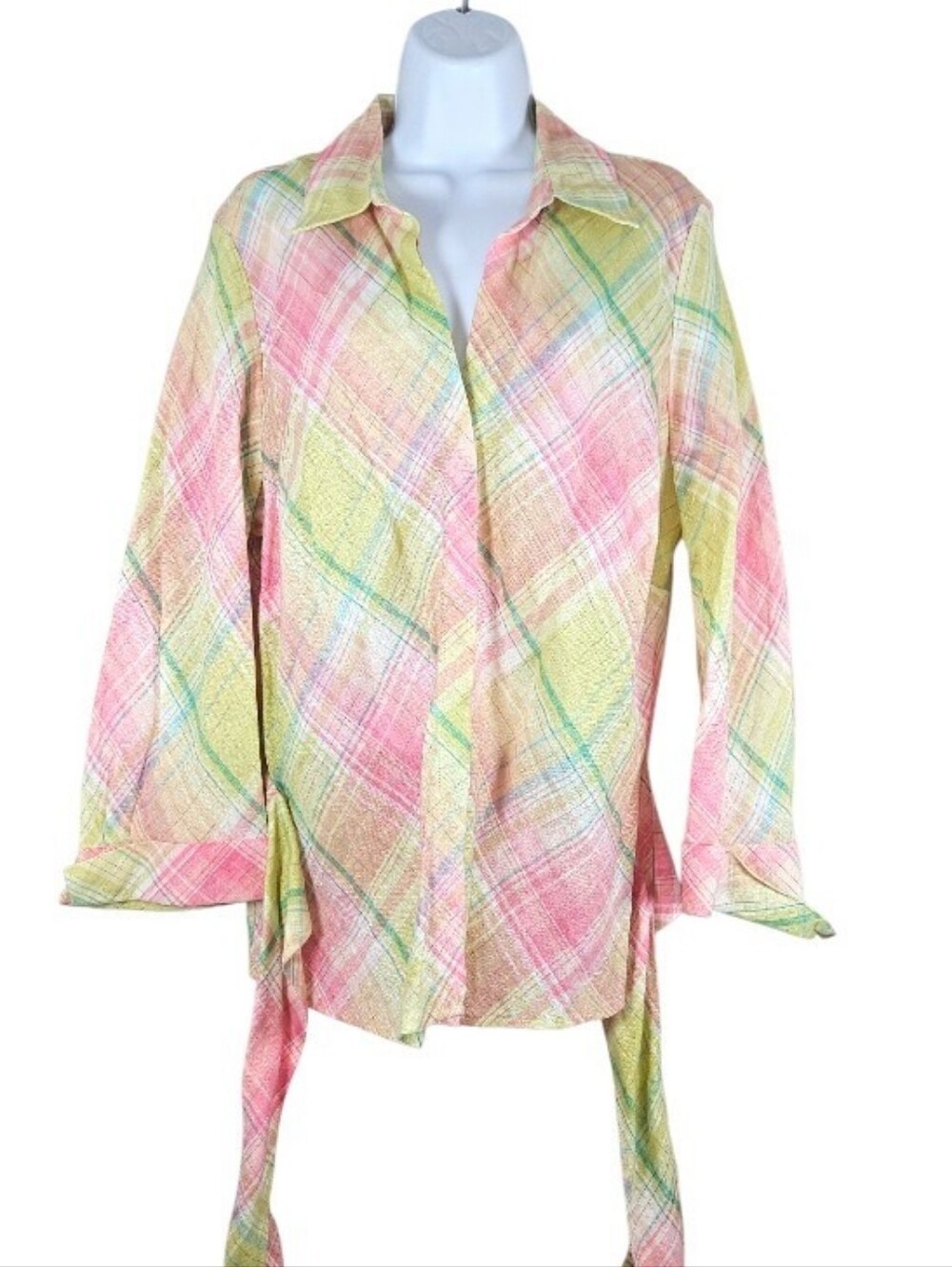 NWOT Coldwater Creek pink green plaid linen blouse top Womens XL